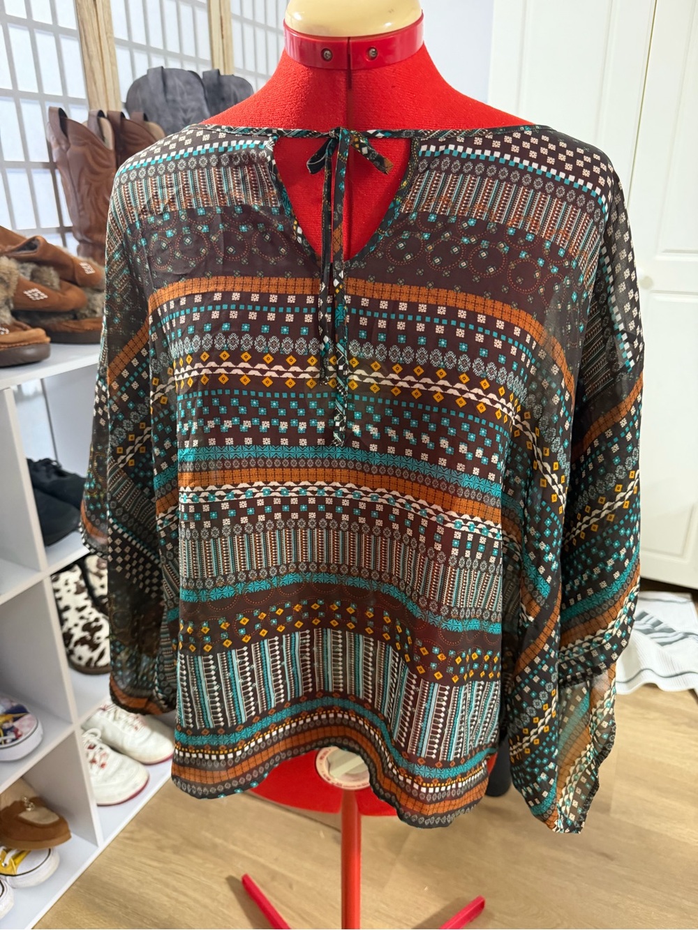 Boho Printed Peasant Poncho - Brown Multi